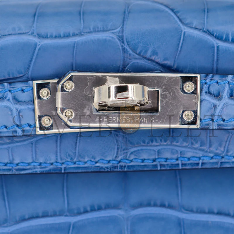 HERMÈS MASTER MINI KELLY II SELLIER BLEU ZELLIGE ALLIGATOR PALLADIUM (19.5*12*6cm)